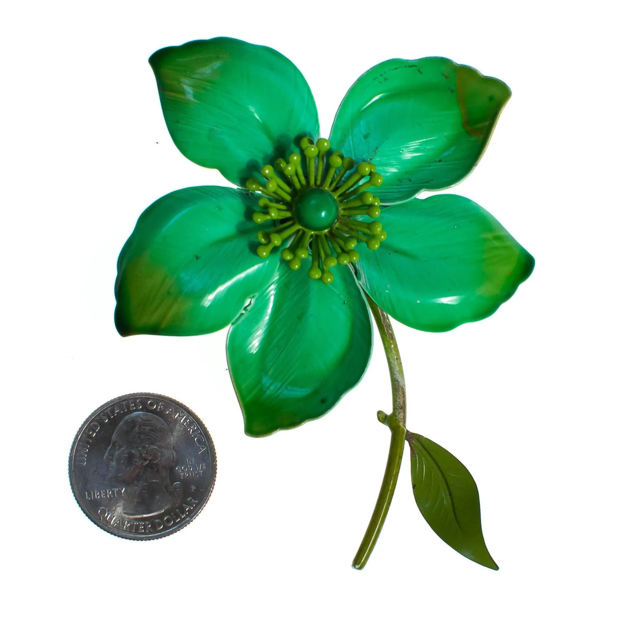 Vintage 1950s  Green Painted Enamel Flower Brooch, Pin