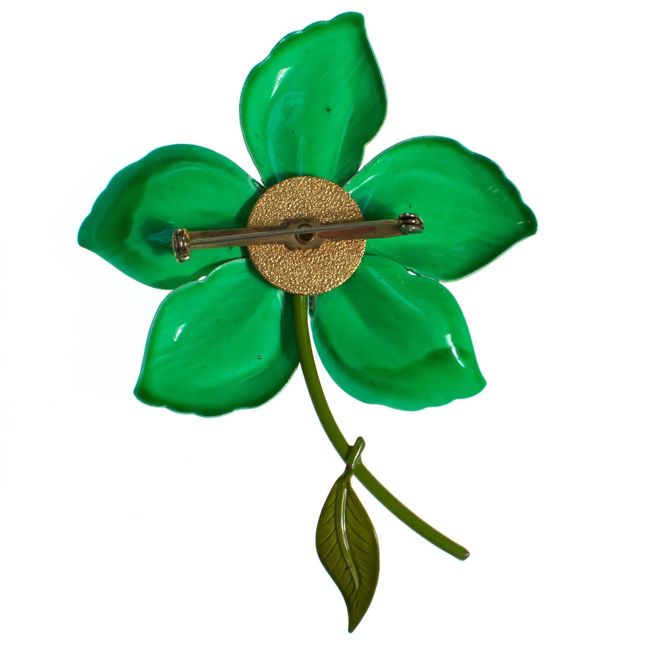 Vintage 1950s  Green Painted Enamel Flower Brooch, Pin