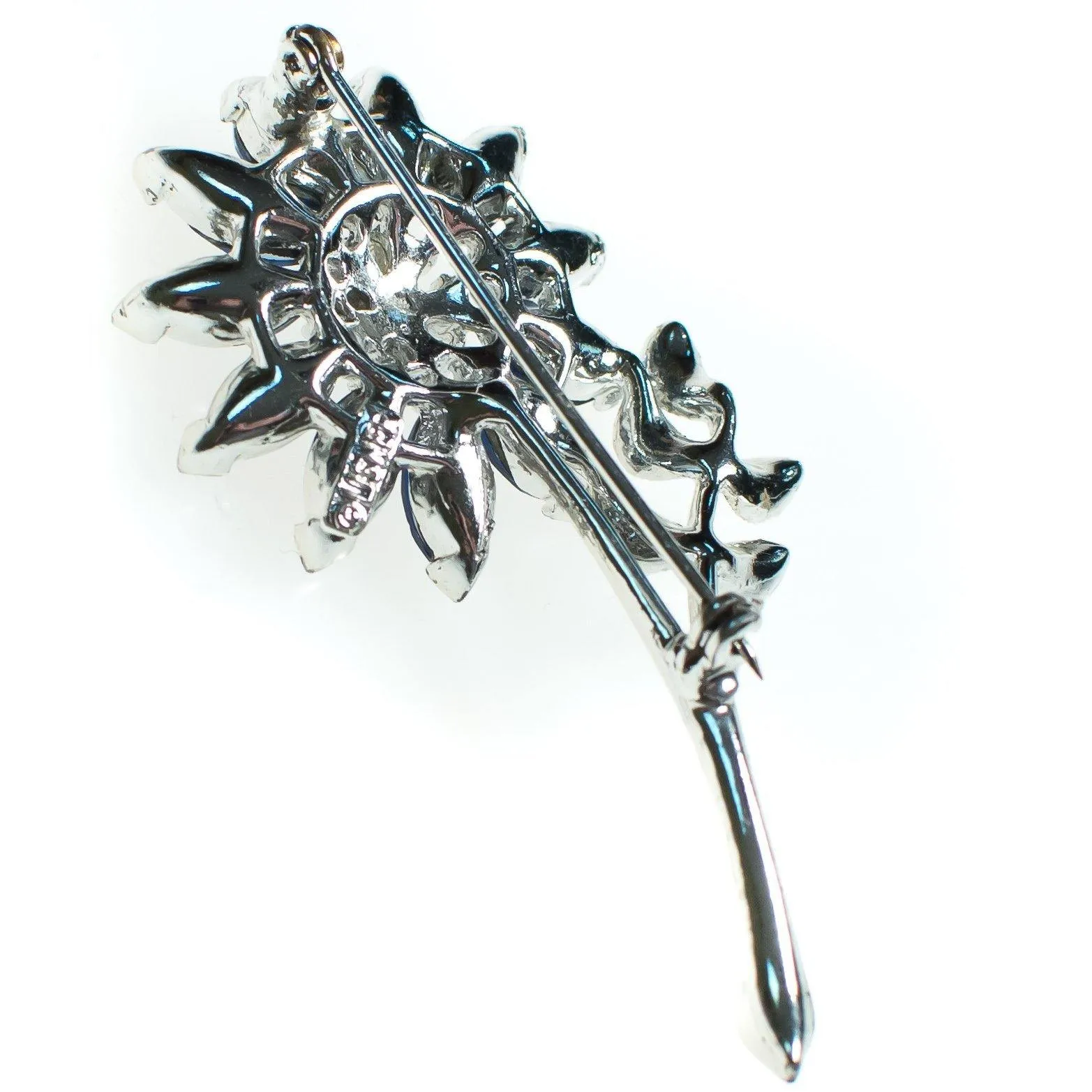 Vintage 1950s Lisner Brooch, Flower Brooch, Blue Rhinestones, Silver Tone Brooch, Brooches and pins
