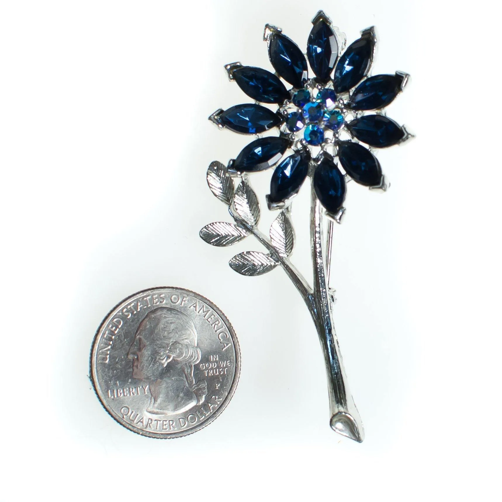 Vintage 1950s Lisner Brooch, Flower Brooch, Blue Rhinestones, Silver Tone Brooch, Brooches and pins
