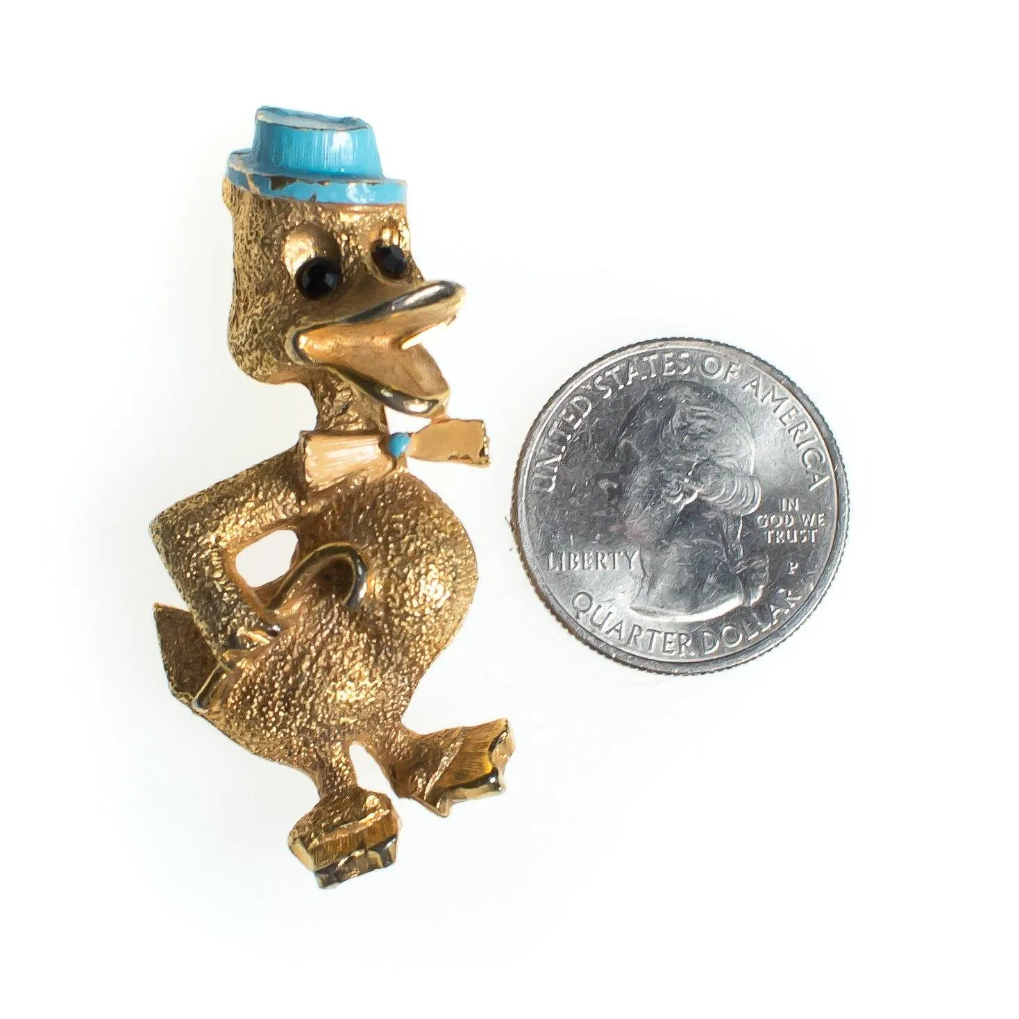 Vintage B.J. Duck Brooch, Gold Tone Setting, Blue Painted Hat, Black Rhinestones, Brooches and Pins