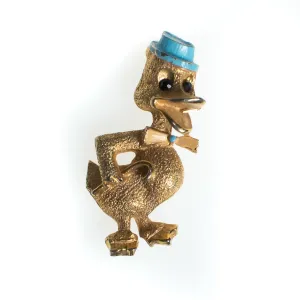 Vintage B.J. Duck Brooch, Gold Tone Setting, Blue Painted Hat, Black Rhinestones, Brooches and Pins
