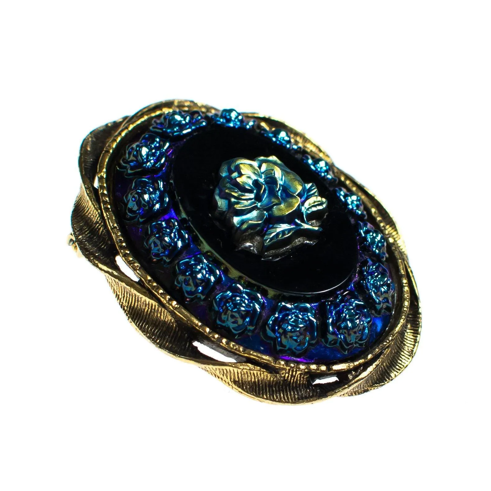 Vintage Blue Aurora Borealis Rose Cameo Brooch