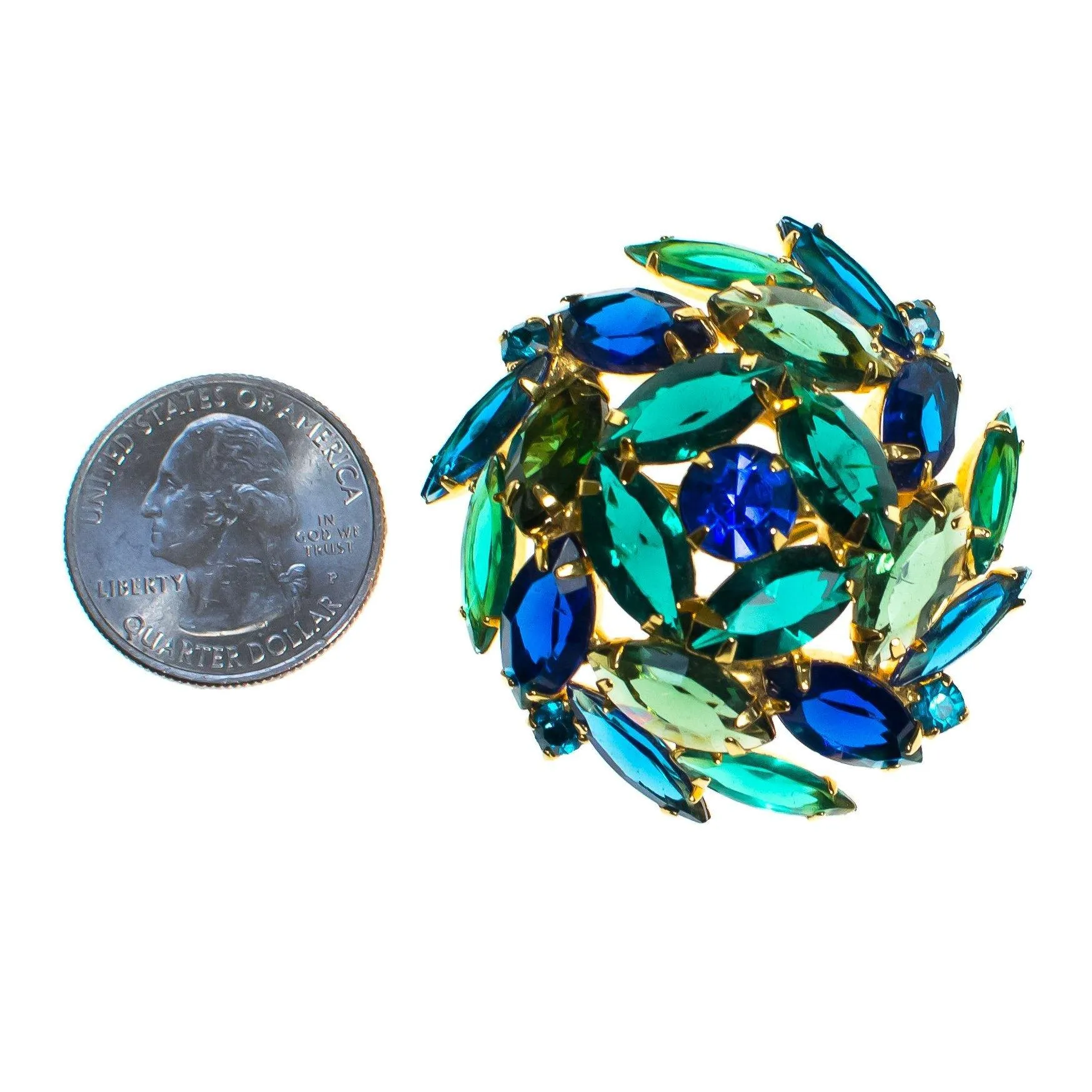 Vintage Blue Rhinestones, Green Rhinestones Brooch, Gold Tone Setting,. Brooches and Pins