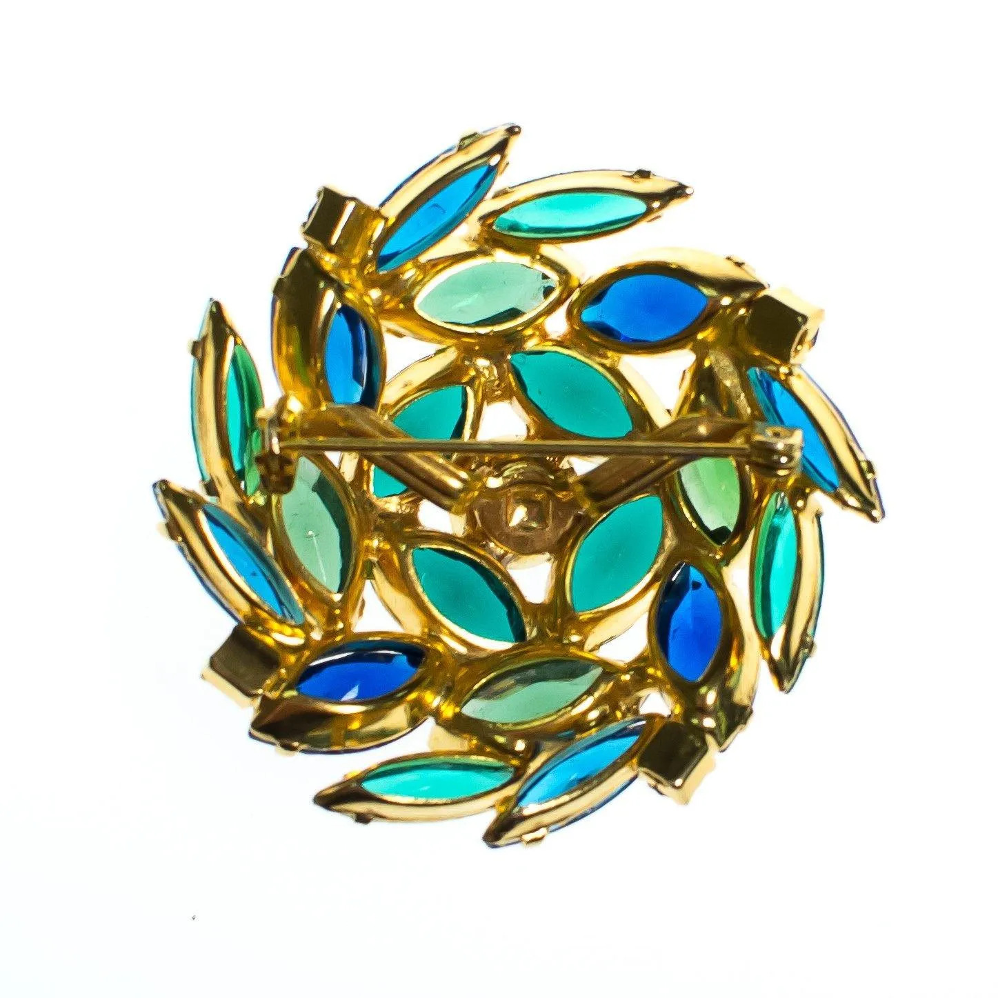 Vintage Blue Rhinestones, Green Rhinestones Brooch, Gold Tone Setting,. Brooches and Pins