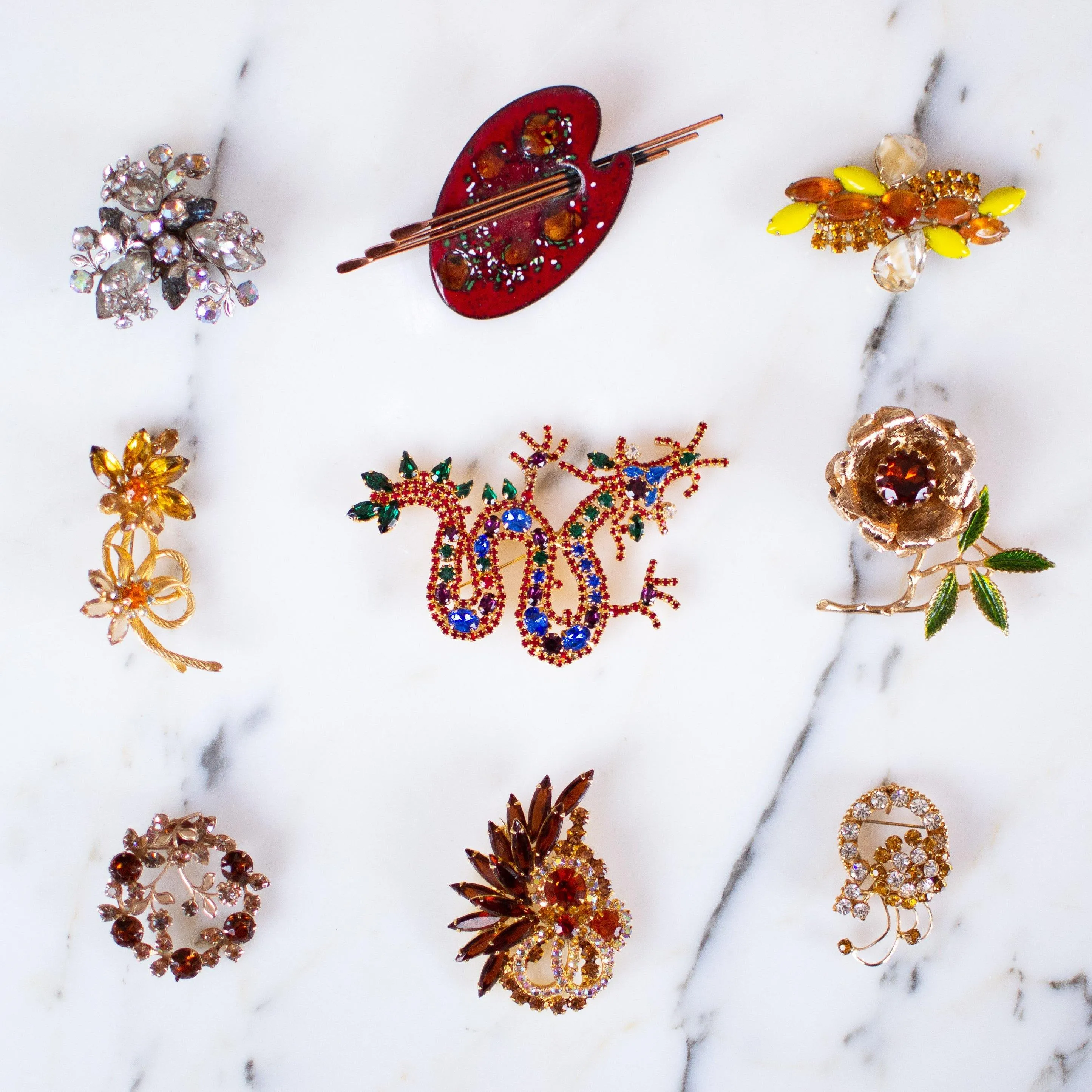 Vintage Chinese Dragon Brooch, Red, Blue, Green, Purple, and Clear Rhinestones, Gold Tone Setting, Brooches and Pins