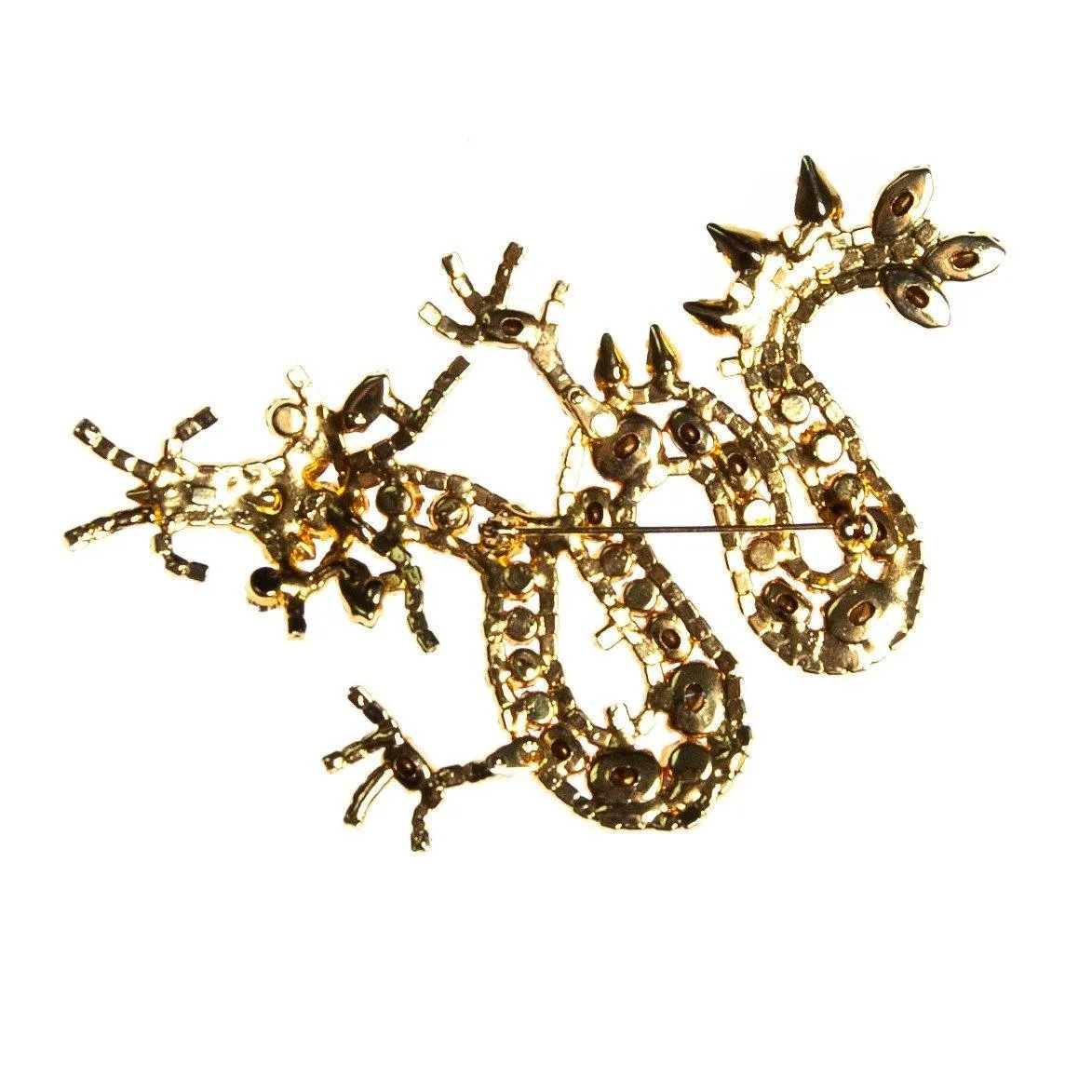 Vintage Chinese Dragon Brooch, Red, Blue, Green, Purple, and Clear Rhinestones, Gold Tone Setting, Brooches and Pins