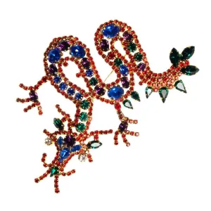 Vintage Chinese Dragon Brooch, Red, Blue, Green, Purple, and Clear Rhinestones, Gold Tone Setting, Brooches and Pins