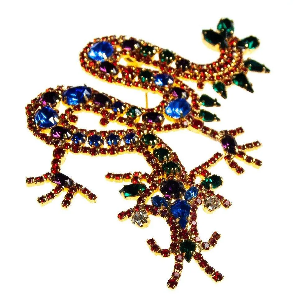Vintage Chinese Dragon Brooch, Red, Blue, Green, Purple, and Clear Rhinestones, Gold Tone Setting, Brooches and Pins