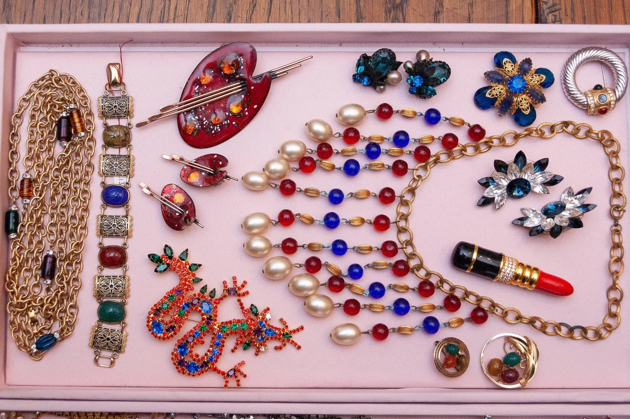 Vintage Chinese Dragon Brooch, Red, Blue, Green, Purple, and Clear Rhinestones, Gold Tone Setting, Brooches and Pins