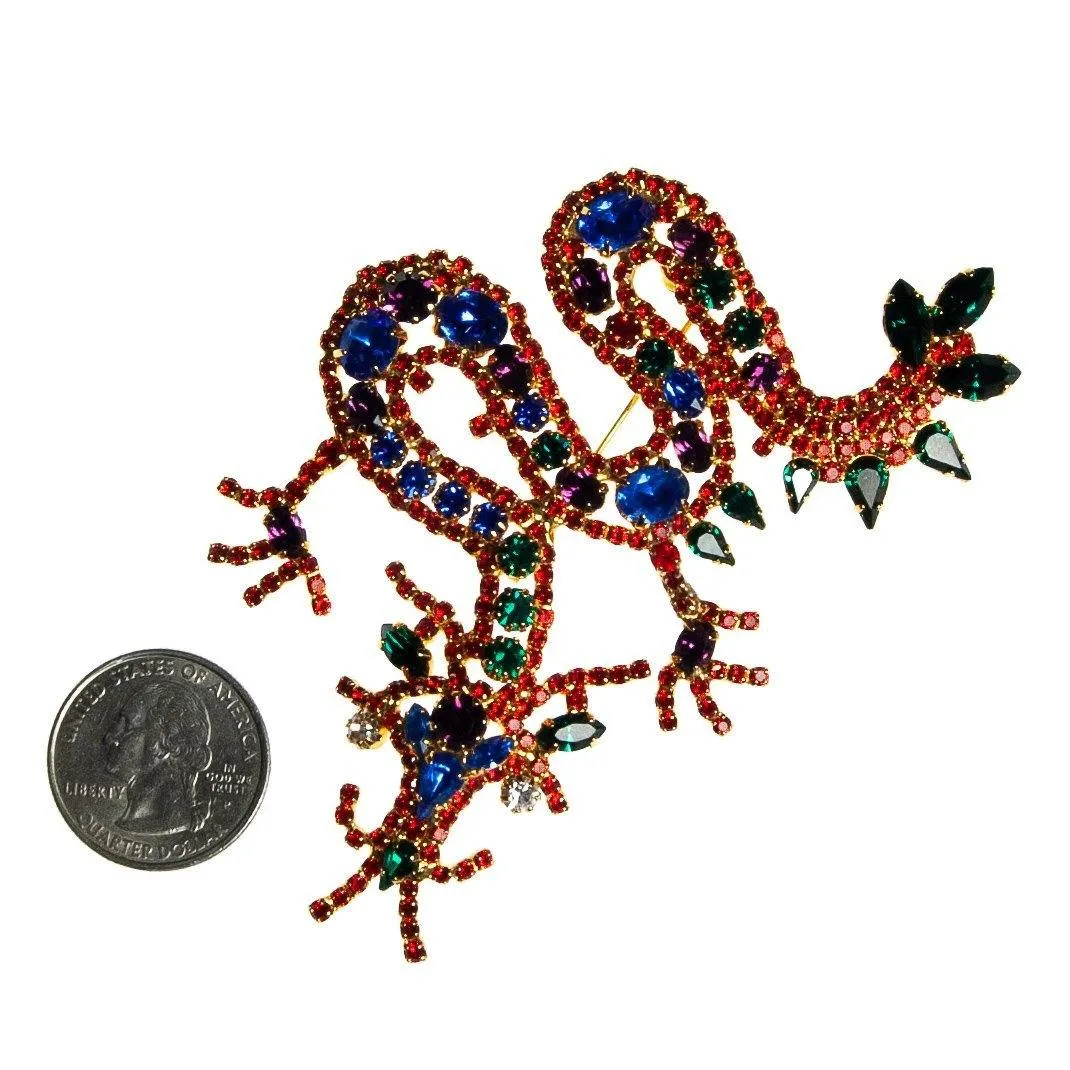 Vintage Chinese Dragon Brooch, Red, Blue, Green, Purple, and Clear Rhinestones, Gold Tone Setting, Brooches and Pins