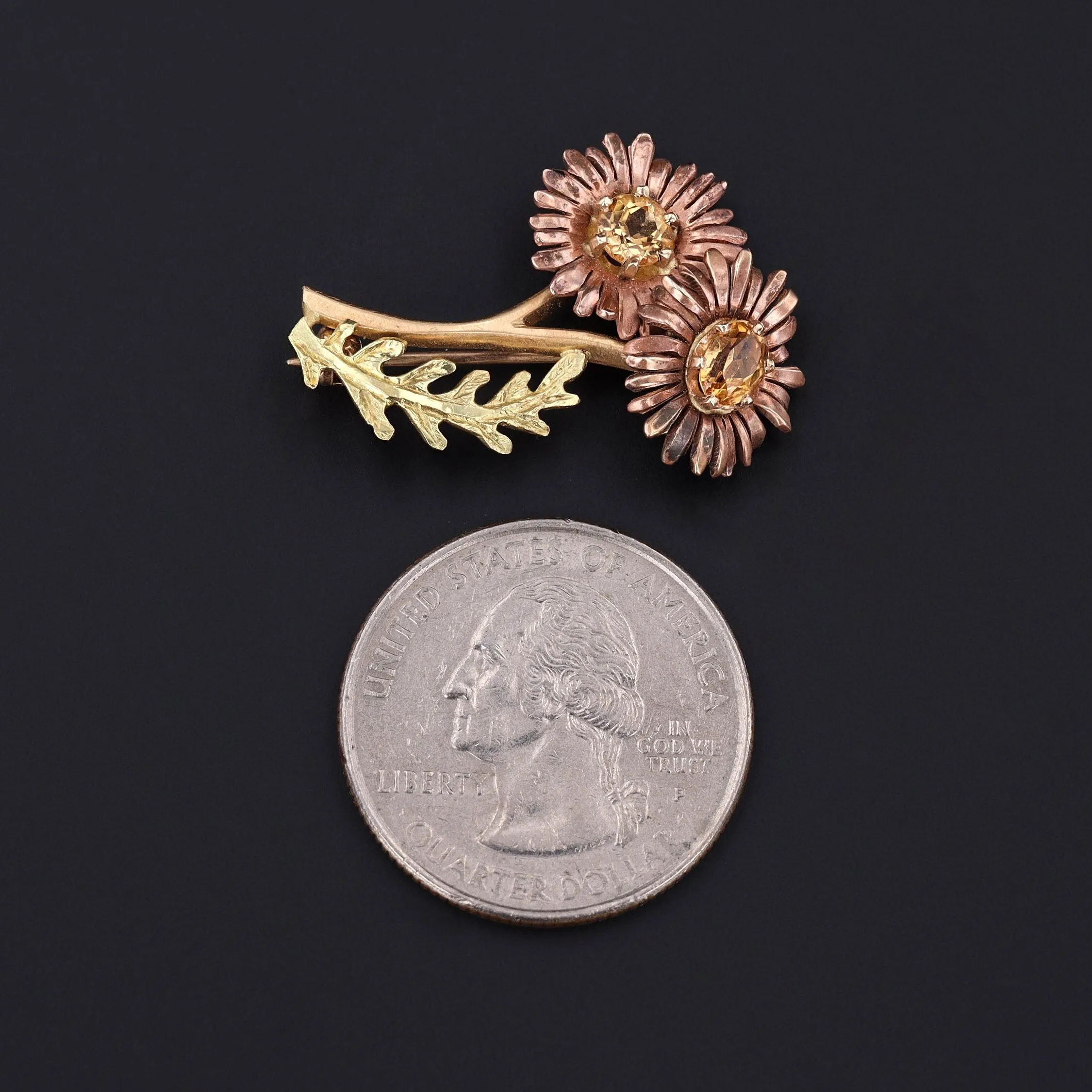 Vintage Citrine Daisy Brooch Rose and Yellow Gold
