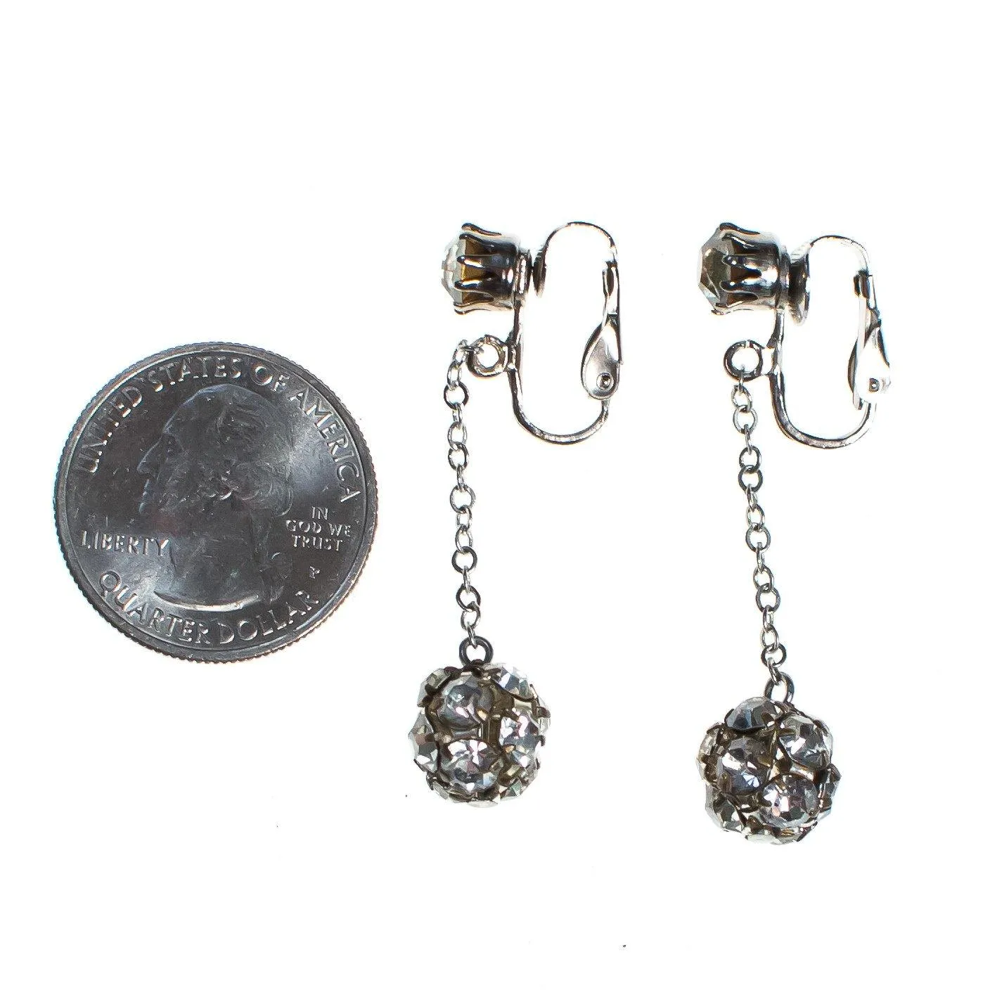 Vintage Crystal Ball Statement Earrings, Diamante Crystals, Clip-on Dangle Earrings