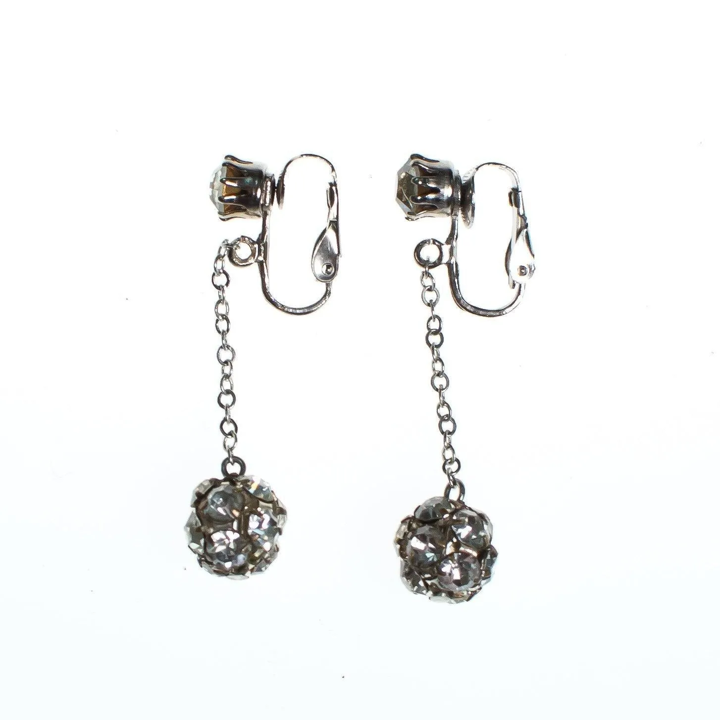 Vintage Crystal Ball Statement Earrings, Diamante Crystals, Clip-on Dangle Earrings