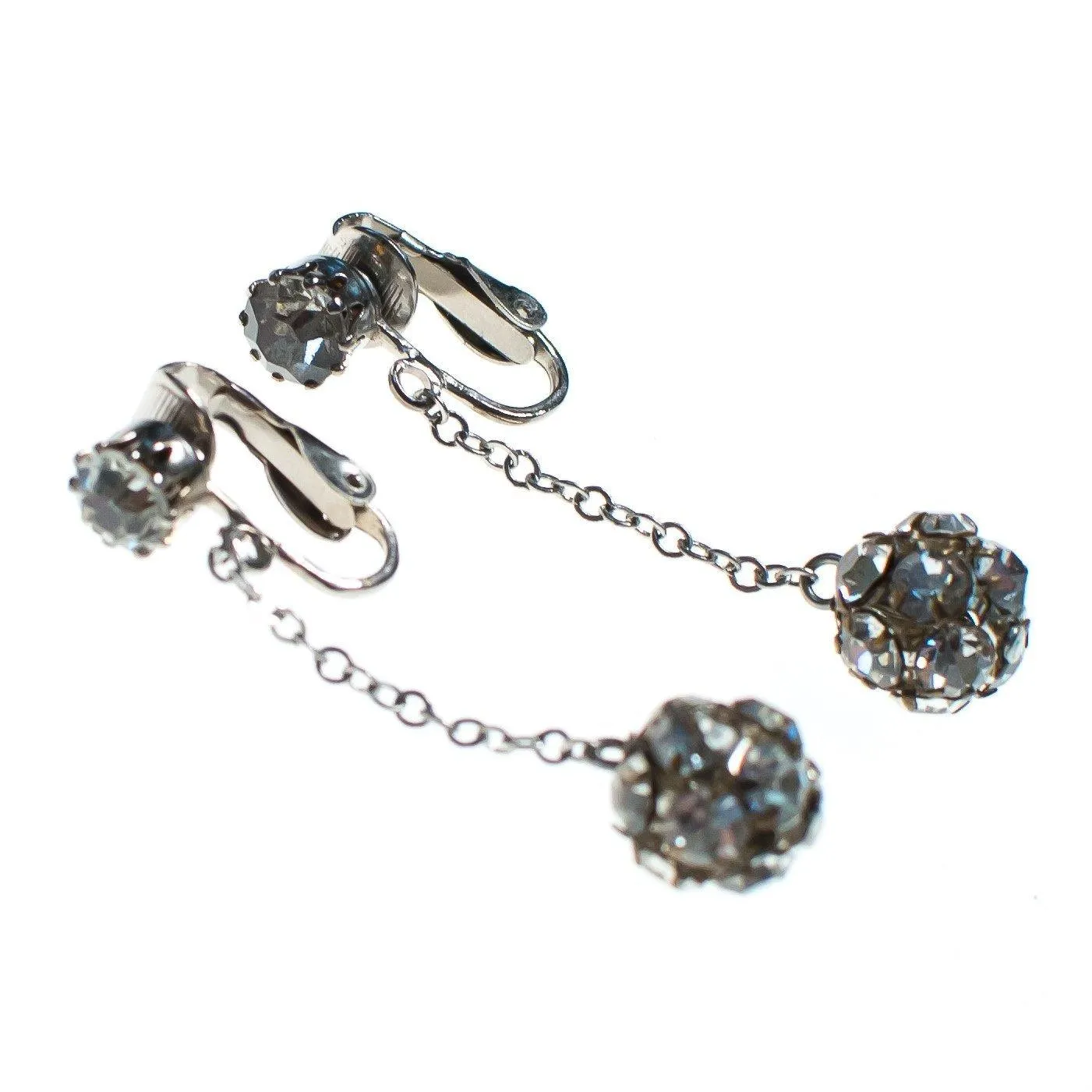 Vintage Crystal Ball Statement Earrings, Diamante Crystals, Clip-on Dangle Earrings