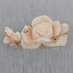 Vintage Estate 14k Yellow Gold 0.15ctw Diamond & Carved Coral Flower Pin