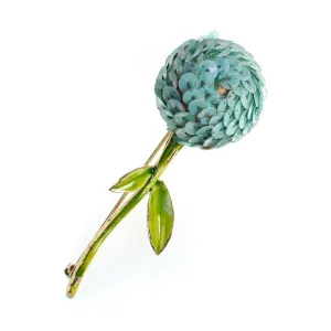 Vintage Flower Brooch, Light Blue Sequin Flower, Green Hand Painted Stem, Gold Tone, Brooches and Pins