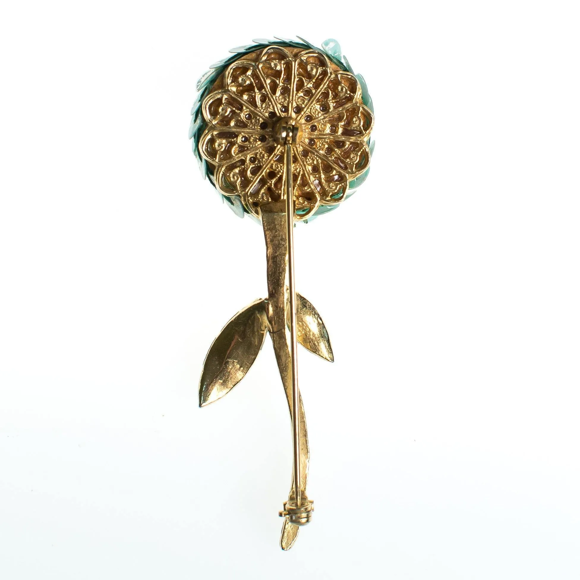 Vintage Flower Brooch, Light Blue Sequin Flower, Green Hand Painted Stem, Gold Tone, Brooches and Pins