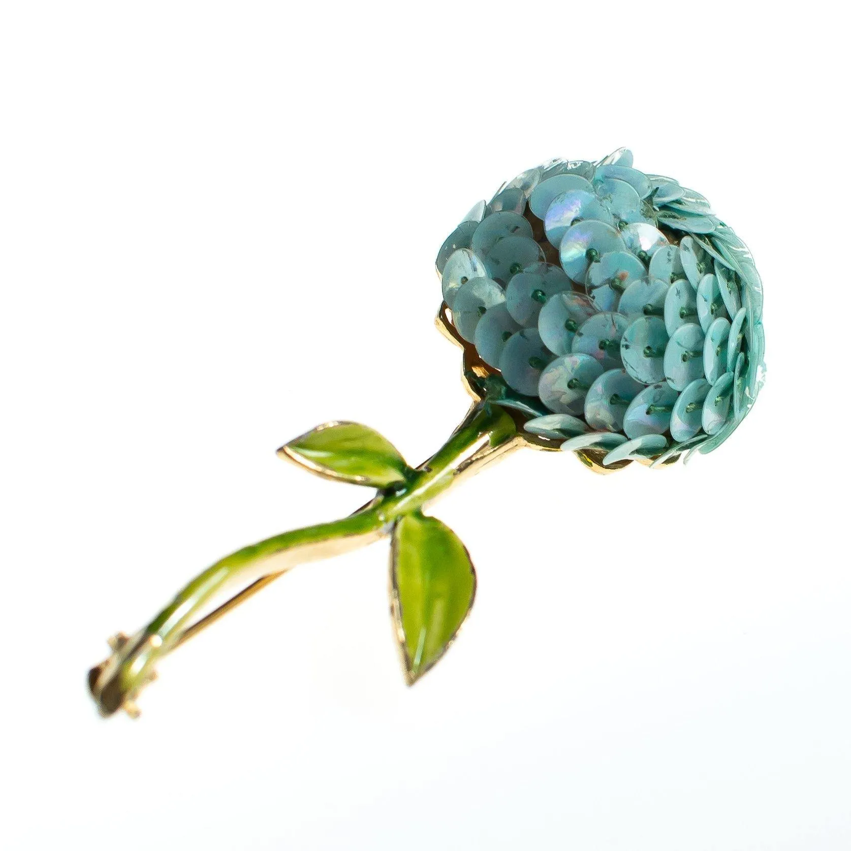 Vintage Flower Brooch, Light Blue Sequin Flower, Green Hand Painted Stem, Gold Tone, Brooches and Pins