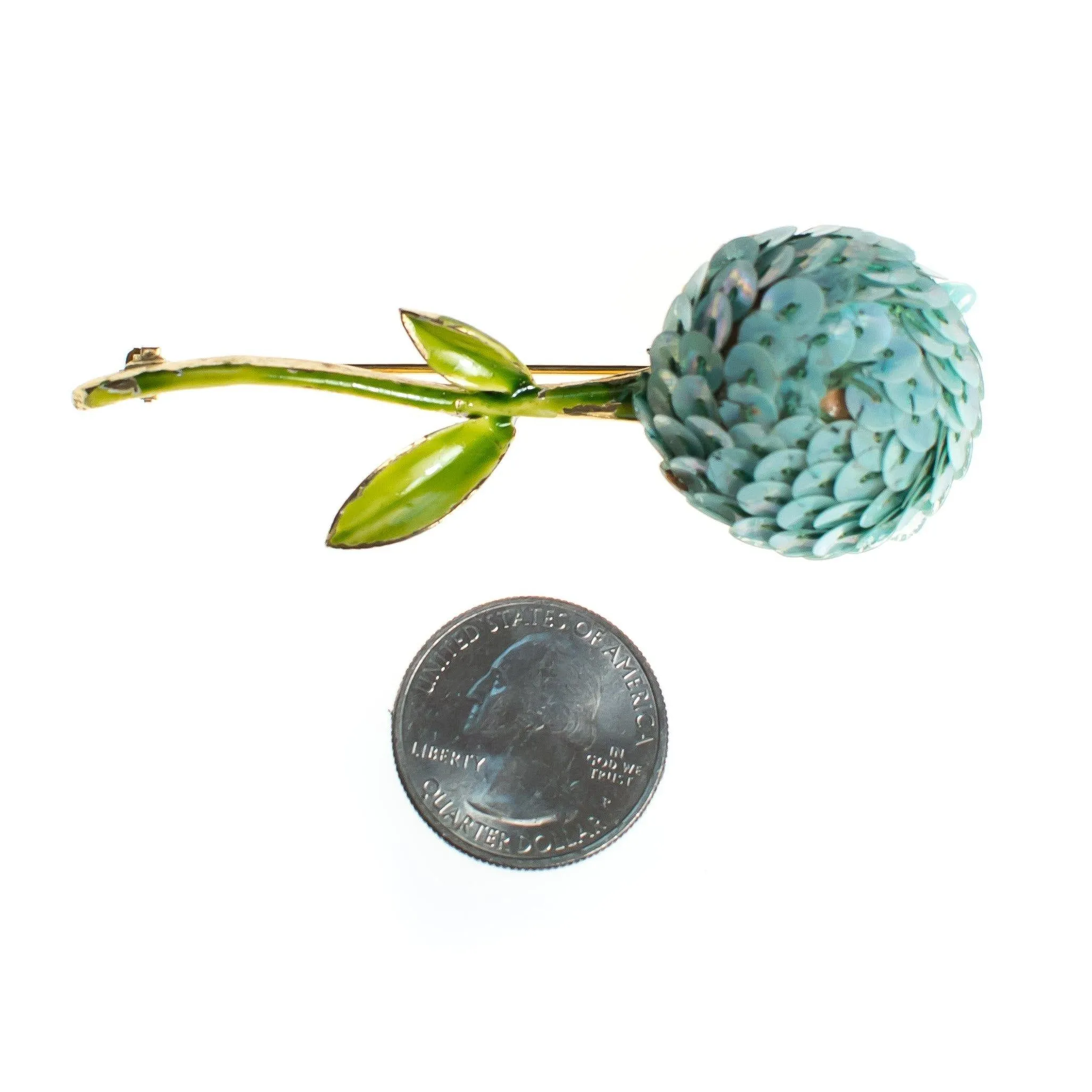 Vintage Flower Brooch, Light Blue Sequin Flower, Green Hand Painted Stem, Gold Tone, Brooches and Pins