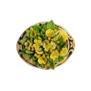 Vintage Flower Brooch, Yellow Flowers, Green Leaves, Beige Setting, Brooches and Pins