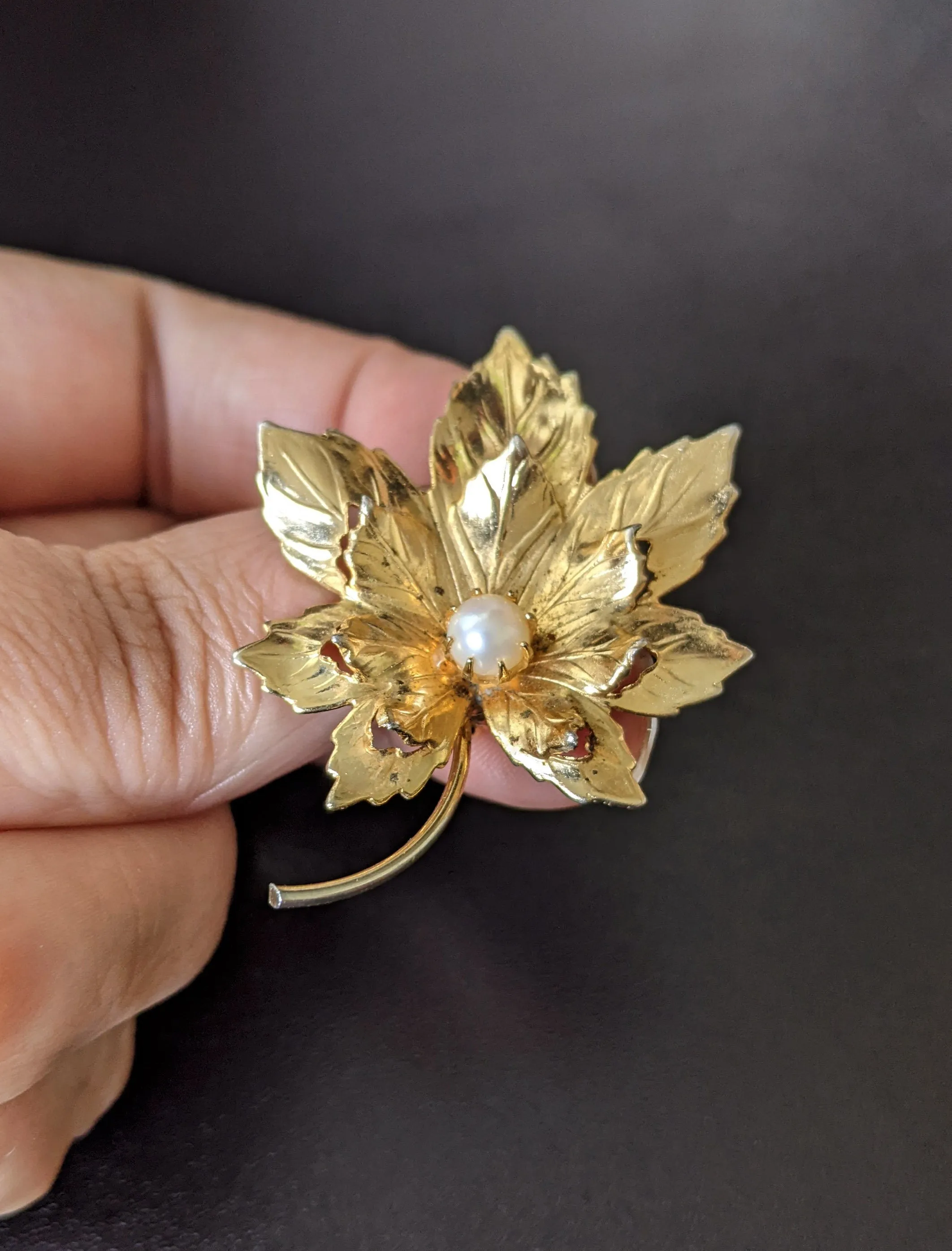 Vintage Gold Plated Maple Leaf Brooch, Botanical Autumn Leaves Pin