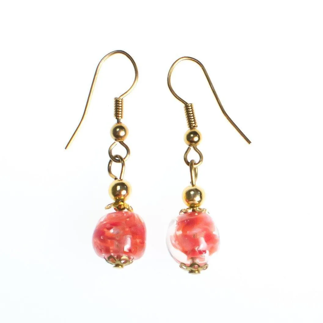 Vintage Gold Tone Dangle Earrings, Pink Murano Glass Beads, Pierced