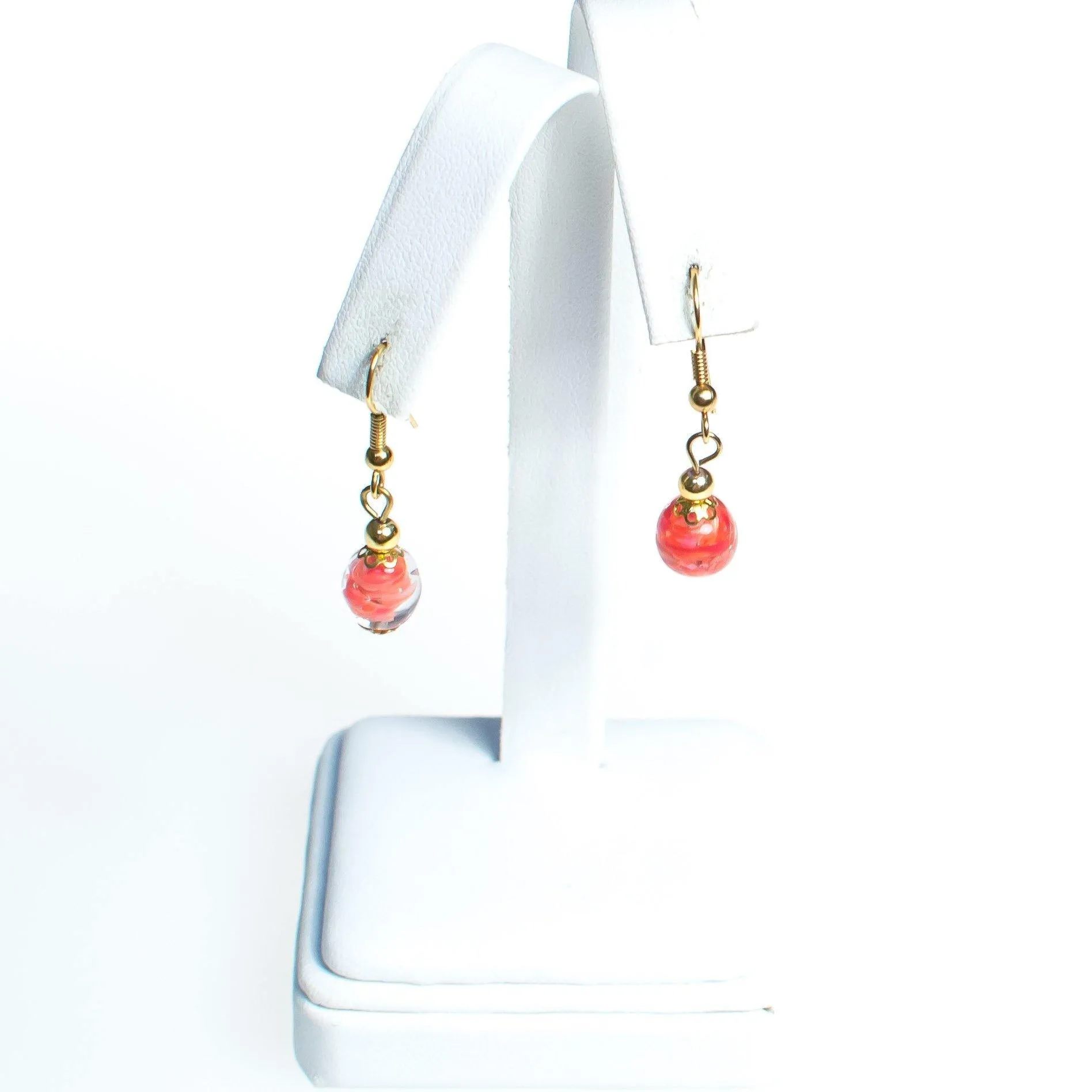 Vintage Gold Tone Dangle Earrings, Pink Murano Glass Beads, Pierced