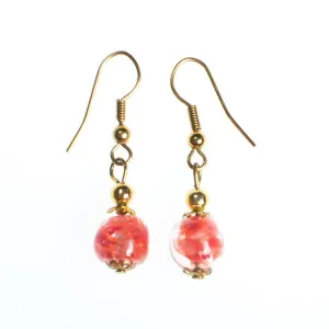 Vintage Gold Tone Dangle Earrings, Pink Murano Glass Beads, Pierced