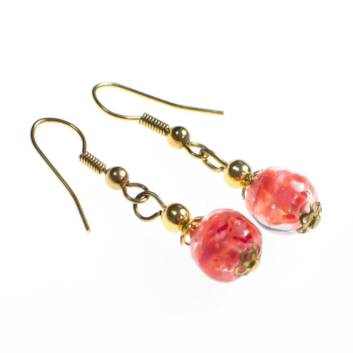 Vintage Gold Tone Dangle Earrings, Pink Murano Glass Beads, Pierced