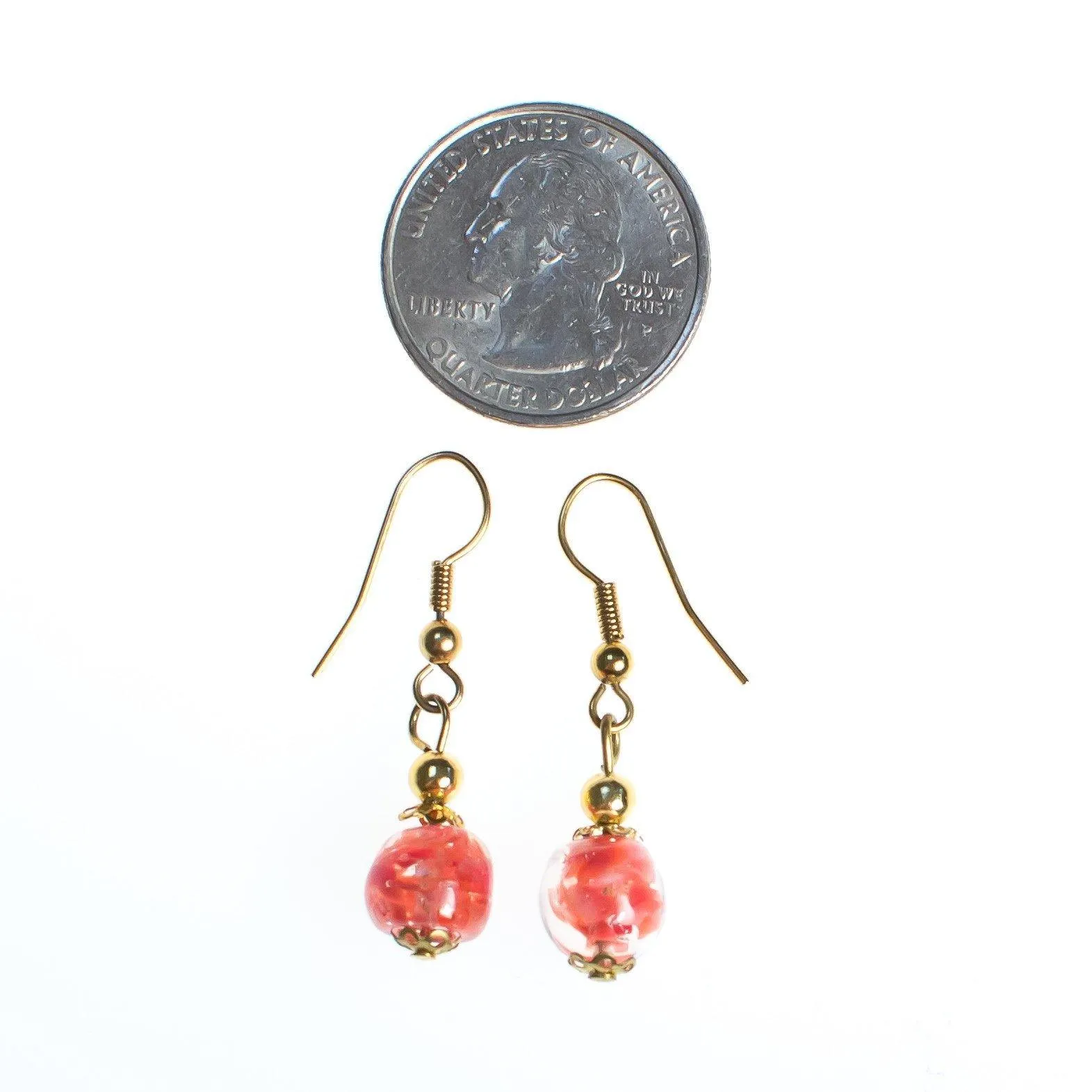 Vintage Gold Tone Dangle Earrings, Pink Murano Glass Beads, Pierced