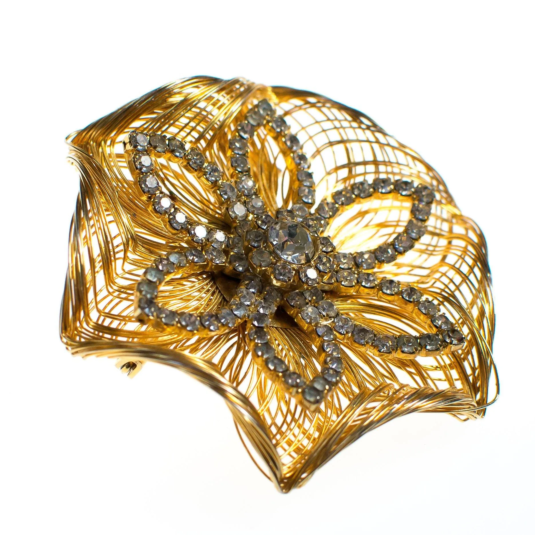 Vintage Gold Wired Crystal Rhinestone Flower Brooch