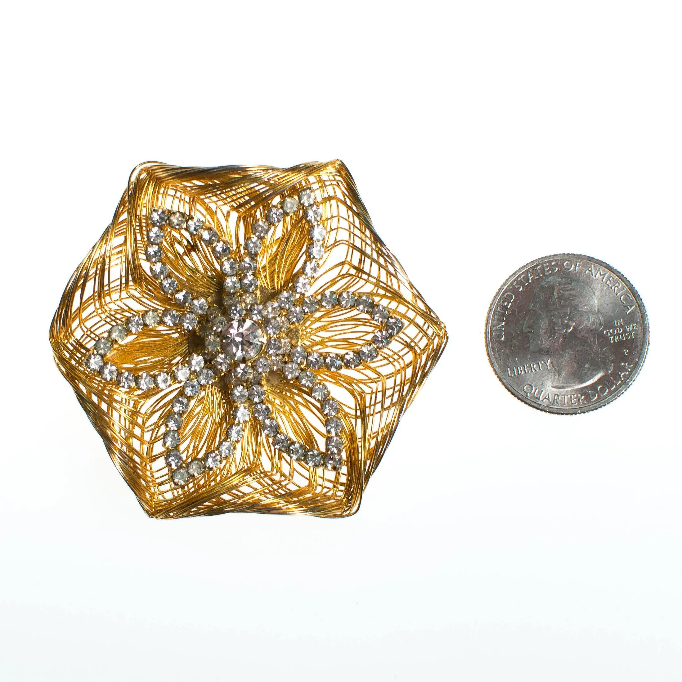 Vintage Gold Wired Crystal Rhinestone Flower Brooch