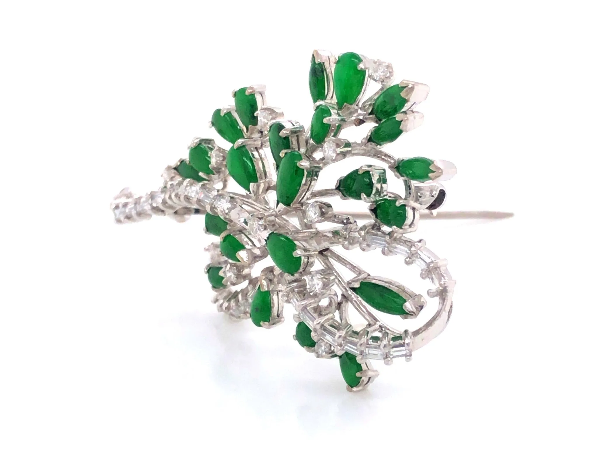Vintage Green Imperial Jadeite Jade and Diamond Brooch in 14k White Gold