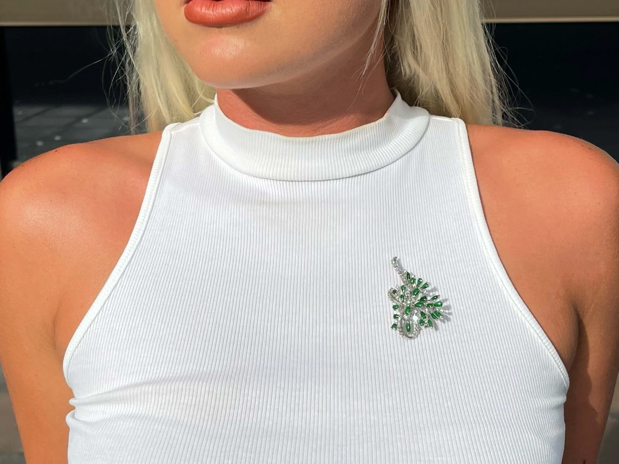 Vintage Green Imperial Jadeite Jade and Diamond Brooch in 14k White Gold