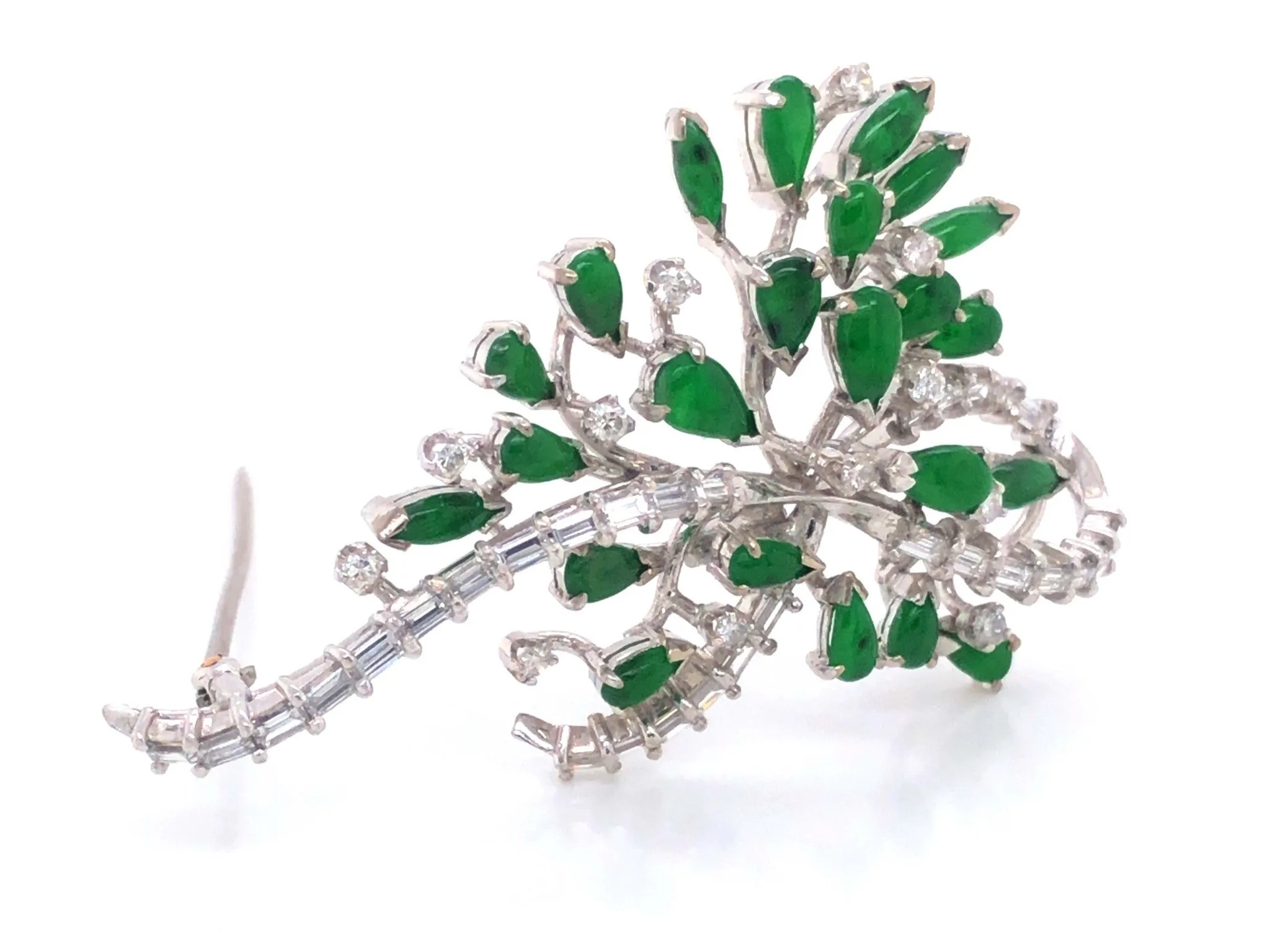 Vintage Green Imperial Jadeite Jade and Diamond Brooch in 14k White Gold