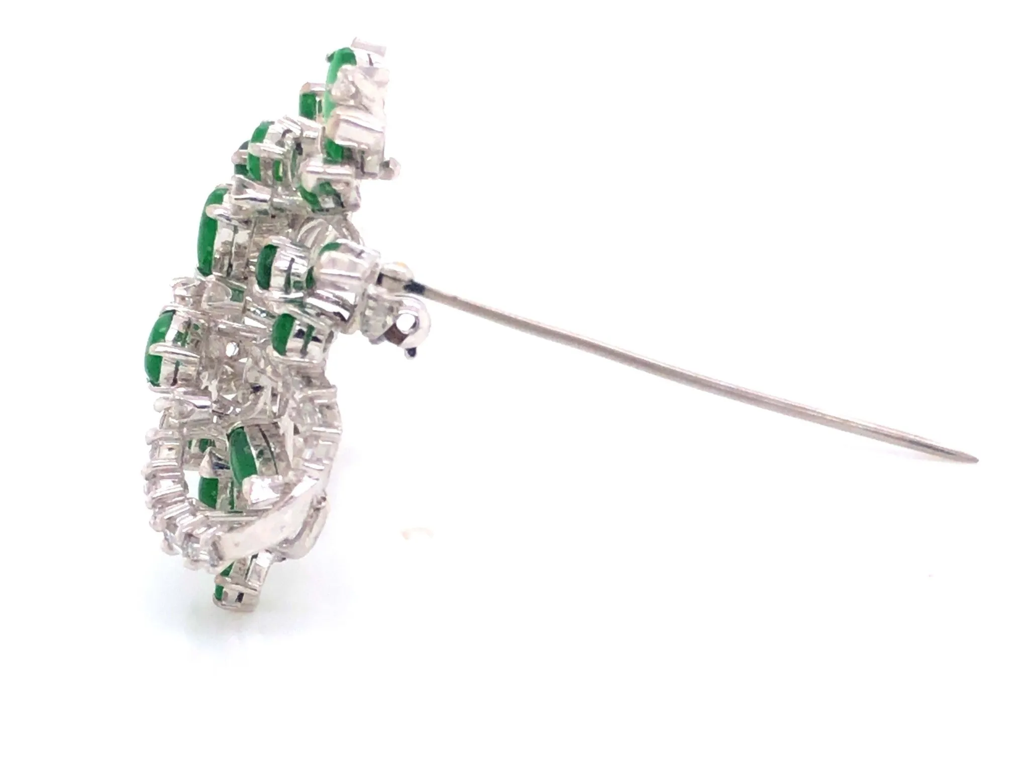 Vintage Green Imperial Jadeite Jade and Diamond Brooch in 14k White Gold