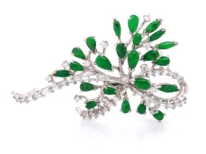 Vintage Green Imperial Jadeite Jade and Diamond Brooch in 14k White Gold