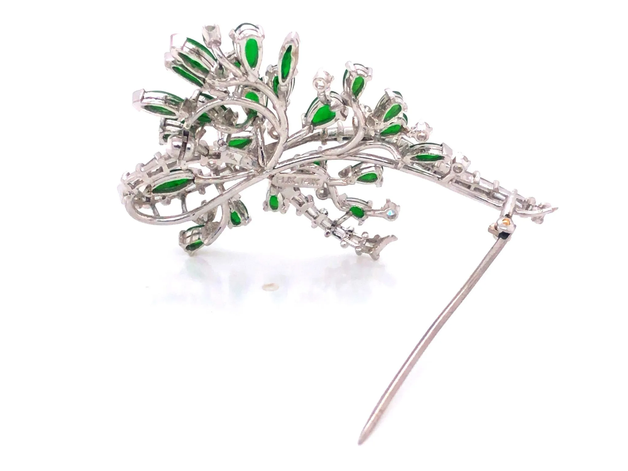Vintage Green Imperial Jadeite Jade and Diamond Brooch in 14k White Gold