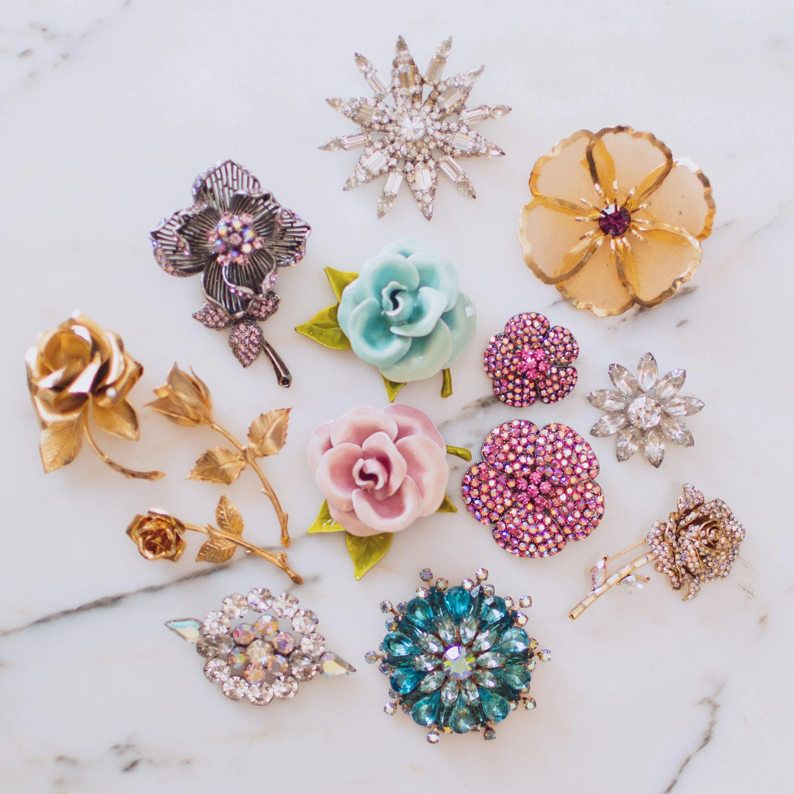 Vintage Large Pink Rhinestone Flower Brooch
