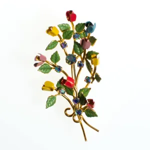 Vintage Made in Austria Red, Pink, Yellow, and Blue Flower Brooch, Aurora Borealis Rhinestones, Gold Tone Setting, Brooches and Pins