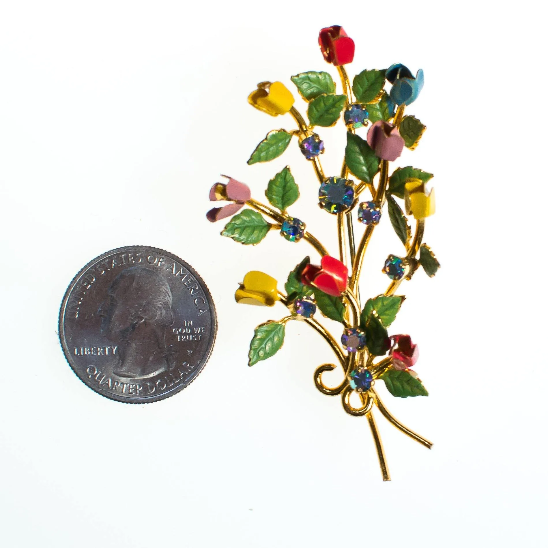 Vintage Made in Austria Red, Pink, Yellow, and Blue Flower Brooch, Aurora Borealis Rhinestones, Gold Tone Setting, Brooches and Pins