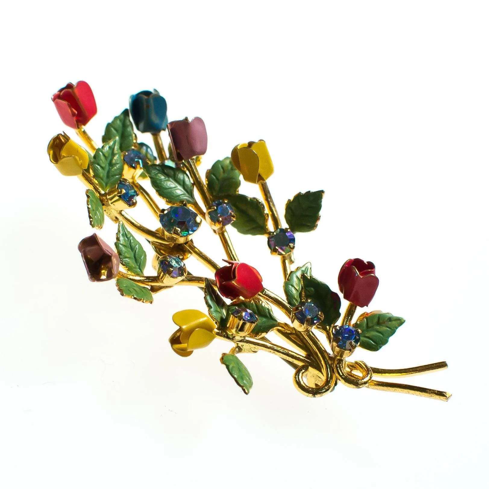 Vintage Made in Austria Red, Pink, Yellow, and Blue Flower Brooch, Aurora Borealis Rhinestones, Gold Tone Setting, Brooches and Pins