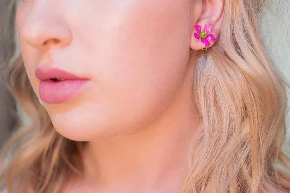 Vintage Metallic Pink Flower Brooch, Green Painted Leaf, Yellow and Green Center