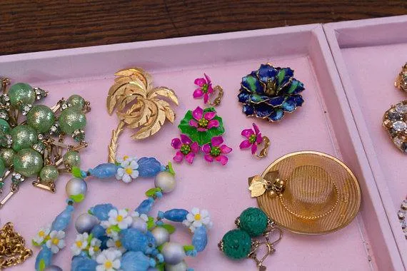 Vintage Metallic Pink Flower Brooch, Green Painted Leaf, Yellow and Green Center