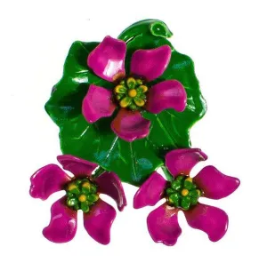 Vintage Metallic Pink Flower Brooch, Green Painted Leaf, Yellow and Green Center