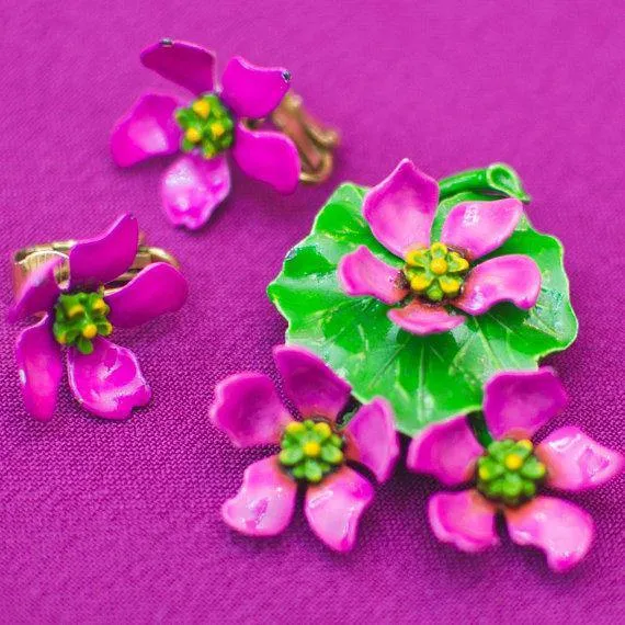 Vintage Metallic Pink Flower Brooch, Green Painted Leaf, Yellow and Green Center