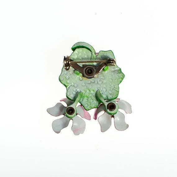 Vintage Metallic Pink Flower Brooch, Green Painted Leaf, Yellow and Green Center