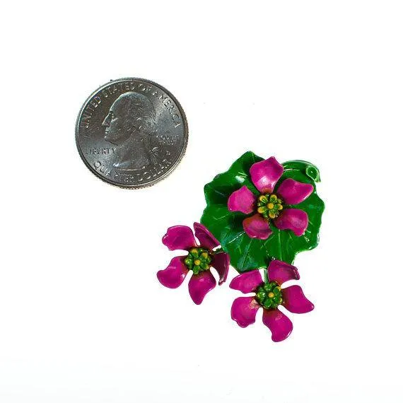Vintage Metallic Pink Flower Brooch, Green Painted Leaf, Yellow and Green Center