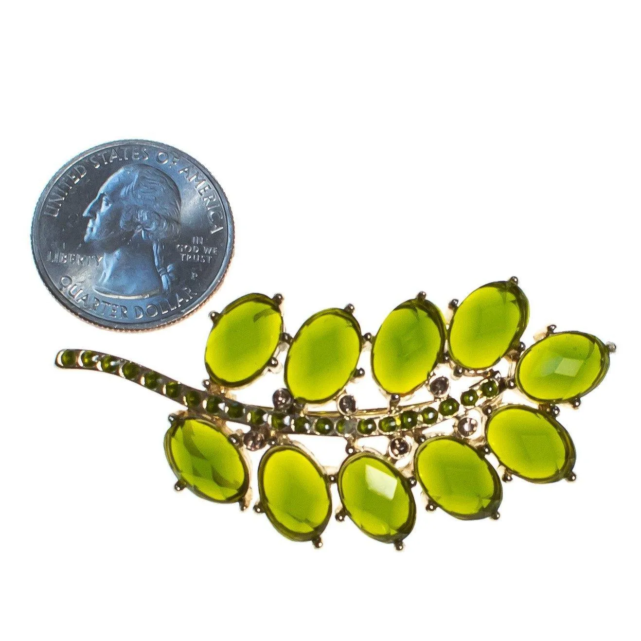 Vintage Olive Green Rhinestone Branch Brooch, Gold Tone Setting, Brooches and Pins